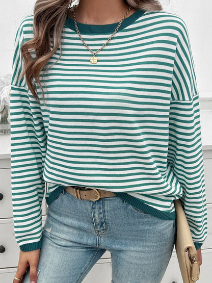 Striped Round Neck Dropped Shoulder Sweater