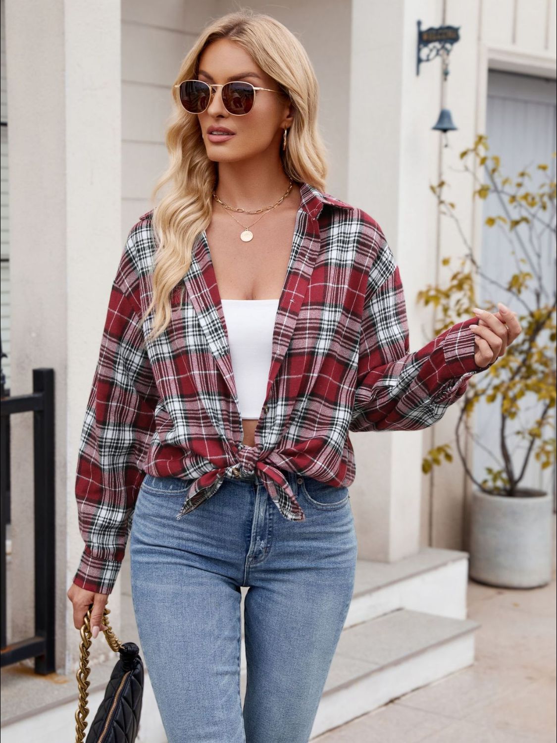 Pocketed Plaid Collared Neck Long Sleeve Shirt