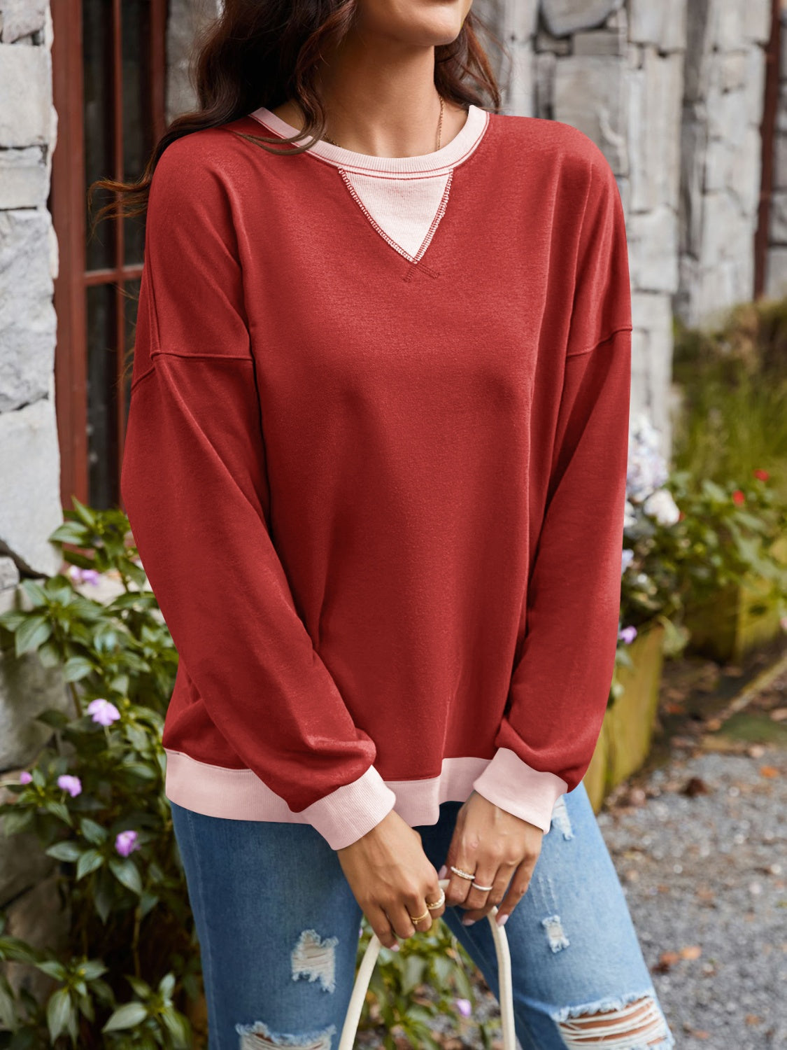 Contrast Round Neck Long Sleeve Sweatshirt